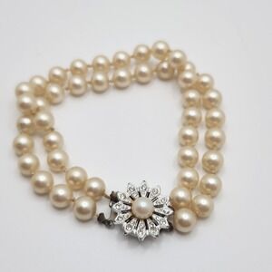 Vintage Glass Pearl Double Strand Bracelet Rhinestone Floral Clasp 6.5" 1950s